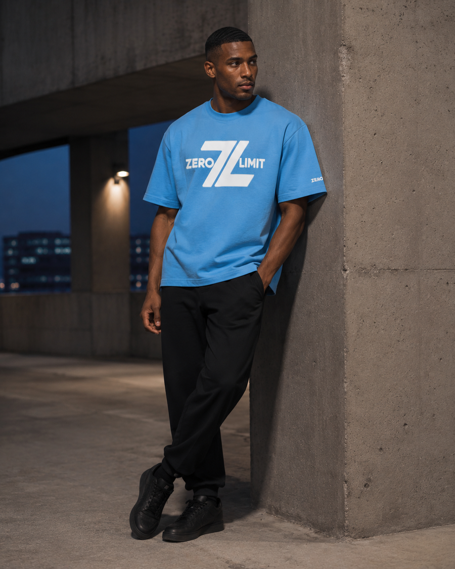 Male model wearing the sky blue ZERO LIMIT 400 GSM boxy T-shirt