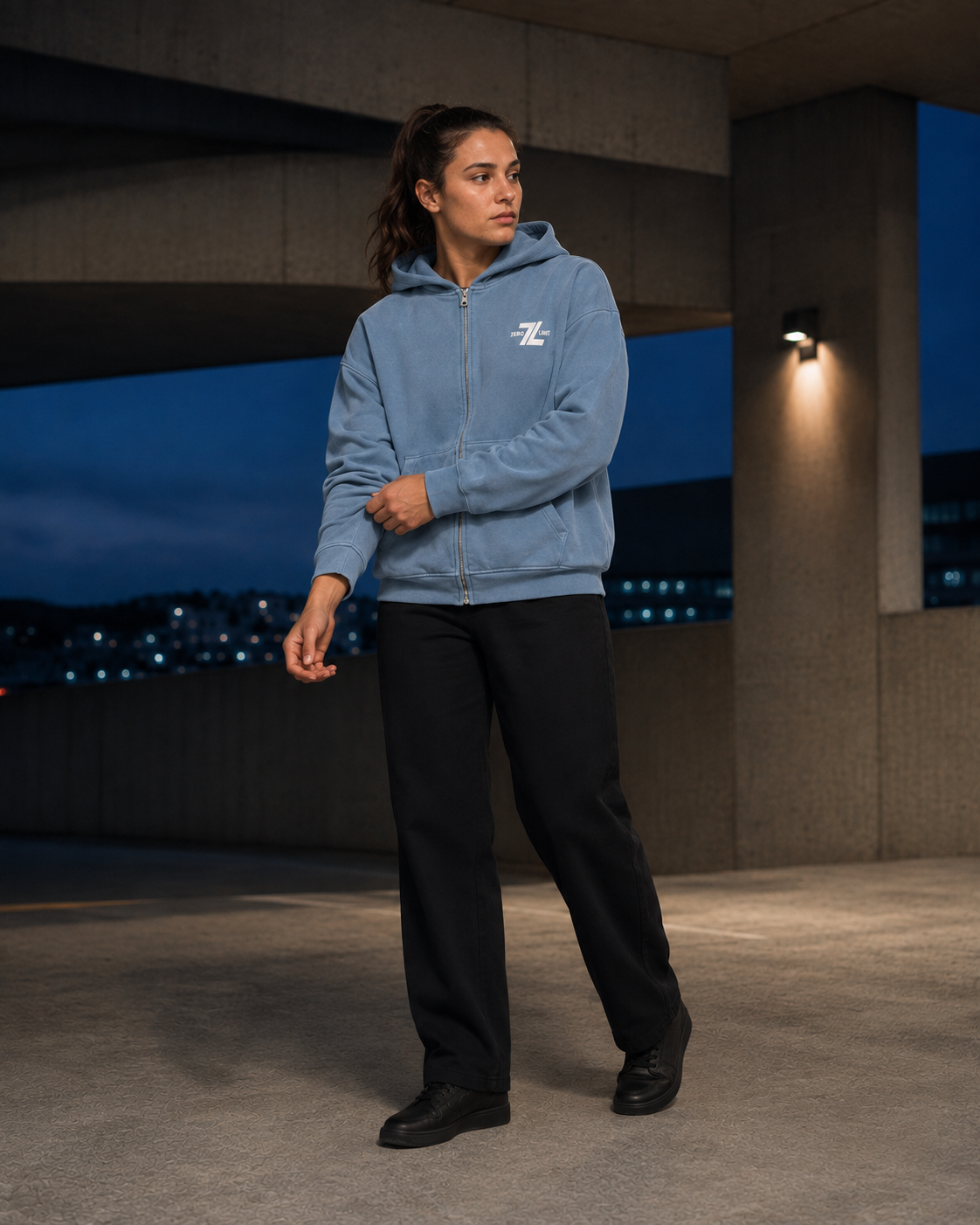 Female model wearing ZERO LIMIT Vintage Full-Zip Boxy Hoodie 360 GSM in Jeans Blue