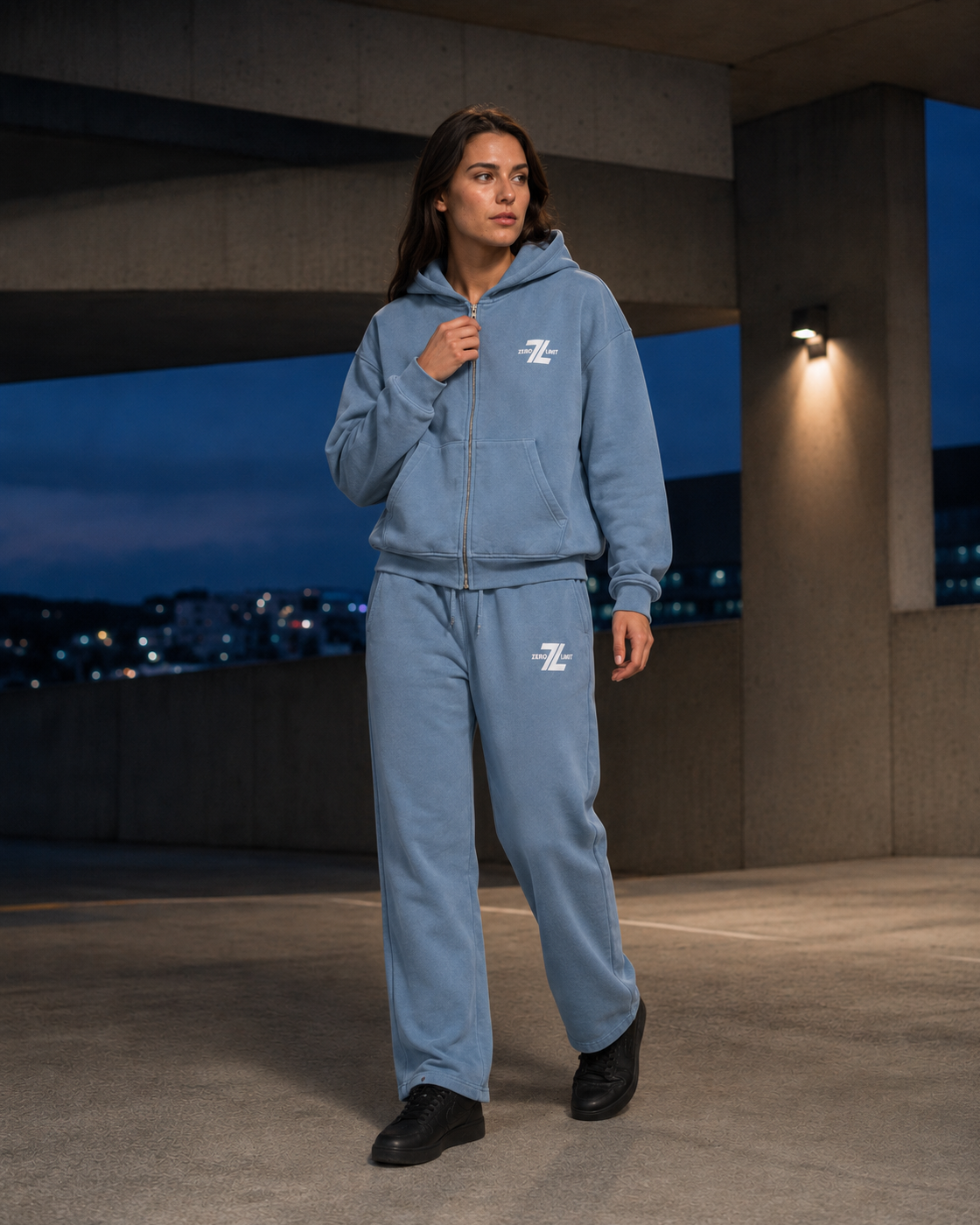 Female model wearing ZERO LIMIT Vintage Full-Zip Matching Set 360 GSM in Jeans Blue
