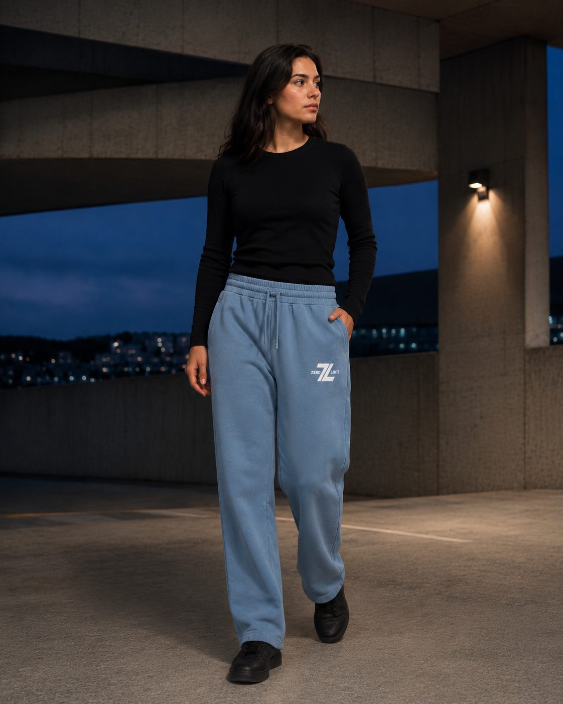 Female model wearing ZERO LIMIT Vintage Straight-Leg Sweatpants 360 GSM in Jeans Blue
