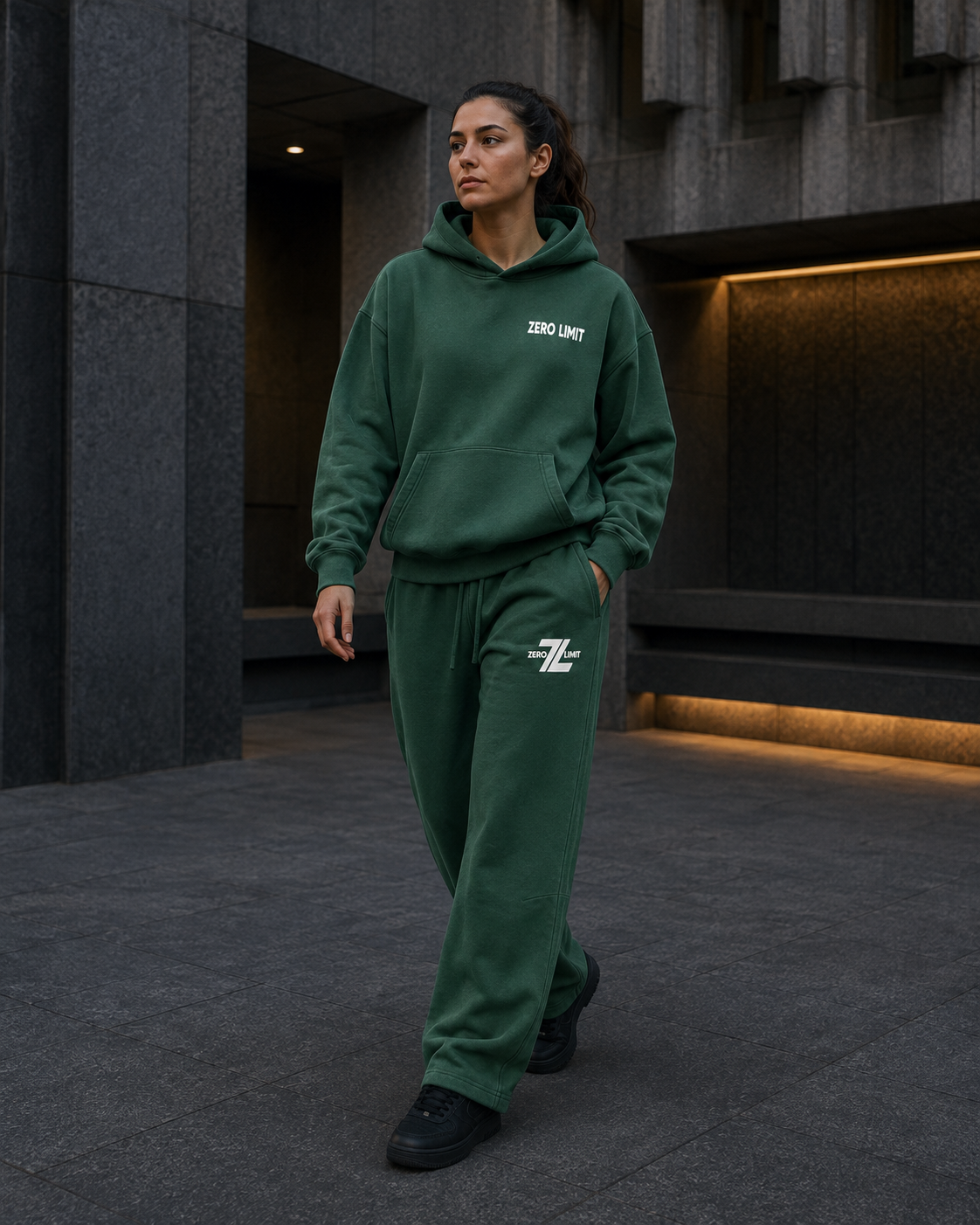 Female model wearing ZERO LIMIT Heavyweight Matching Set 390 GSM in Dark Green