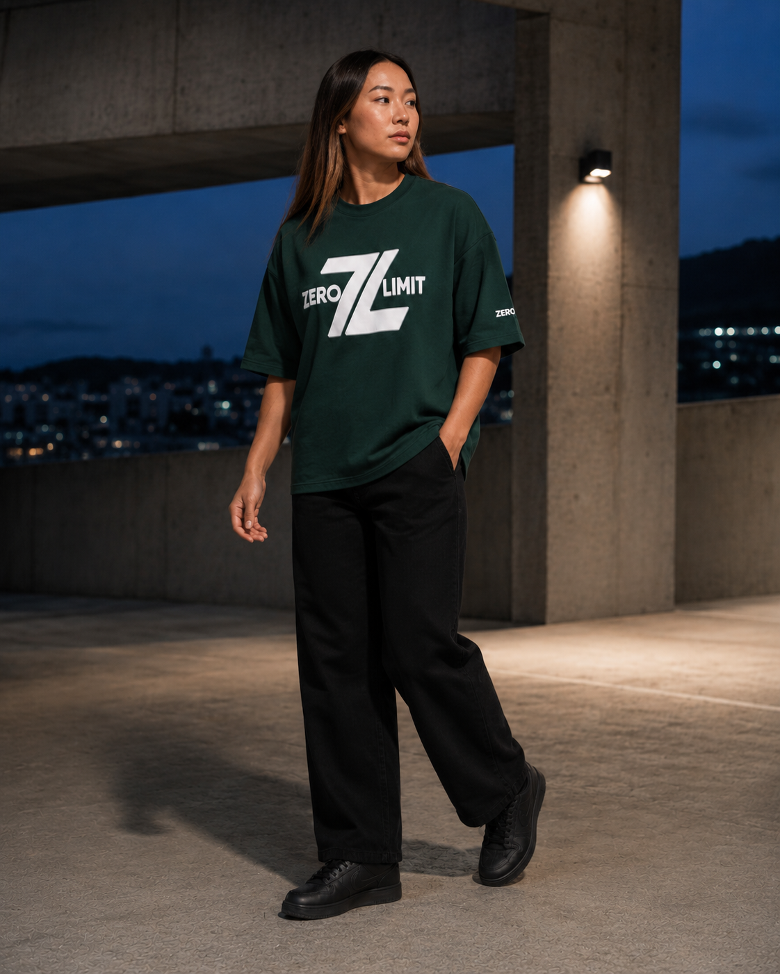 Female model wearing ZERO LIMIT Heavyweight Boxy T-Shirt 400 GSM in Dark Green