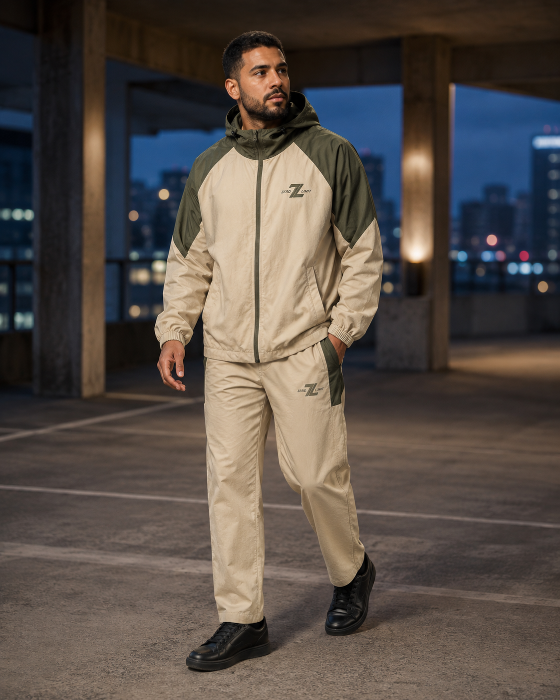 Model wearing ZERO LIMIT Technical Tracksuit Set in Cream and Olive Green