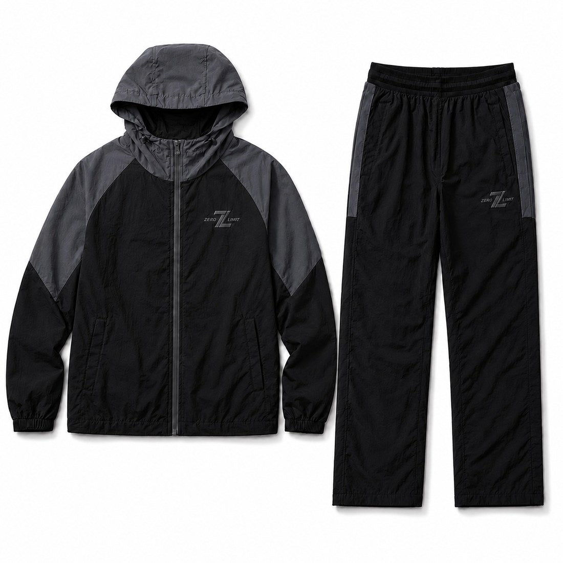 ZERO LIMIT Technical Tracksuit Set in Black and Charcoal - front view