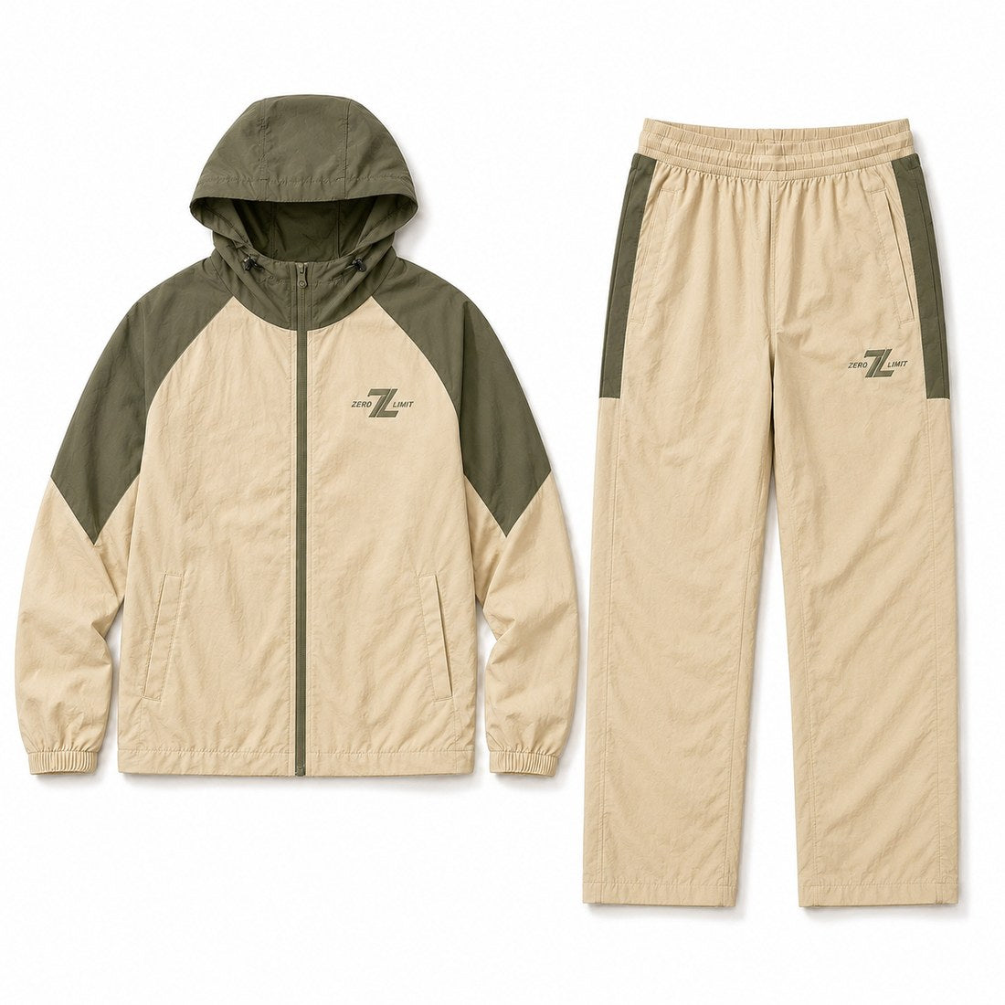 ZERO LIMIT Technical Tracksuit Set in Cream and Olive Green - front view