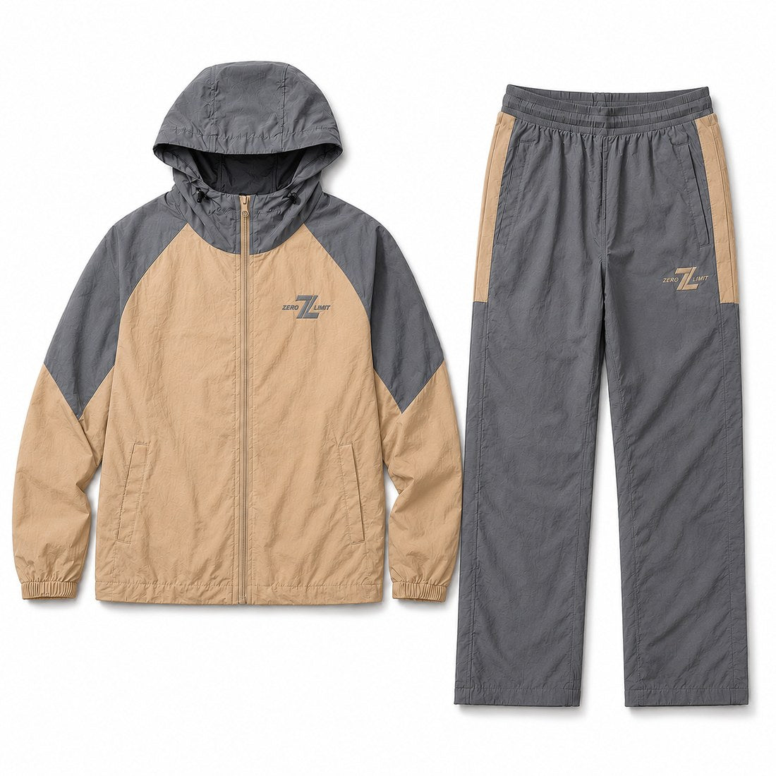 ZERO LIMIT Technical Tracksuit Set in Stone Beige and Slate Grey - front view