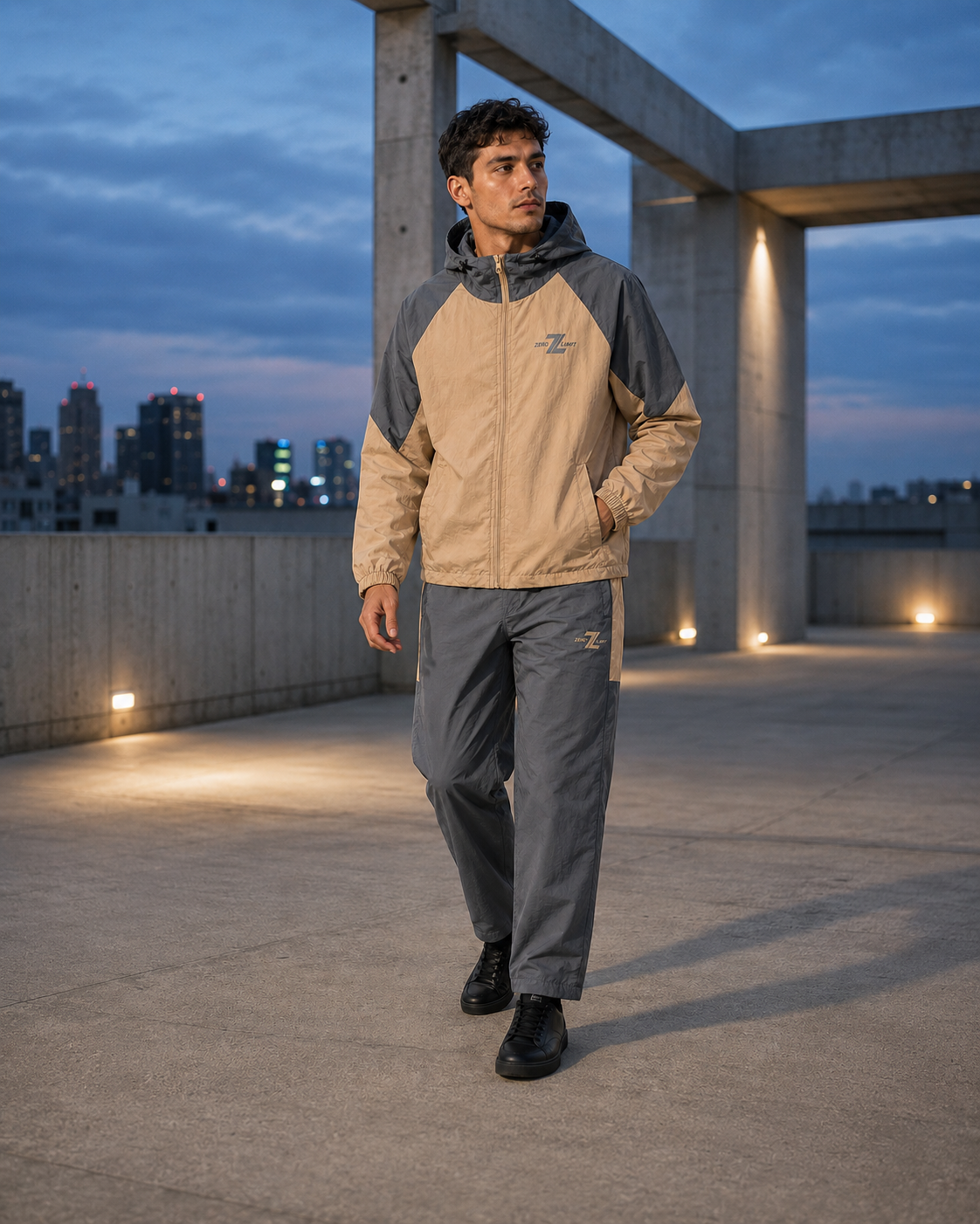 Model wearing ZERO LIMIT Technical Tracksuit Set in Stone Beige and Slate Grey